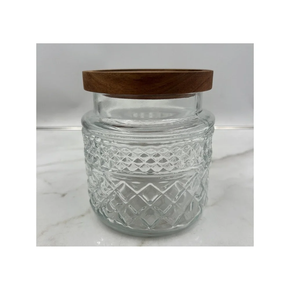 Diamond Pattern Glass Canister with Wood Lid Airtight Storage Jar Clear